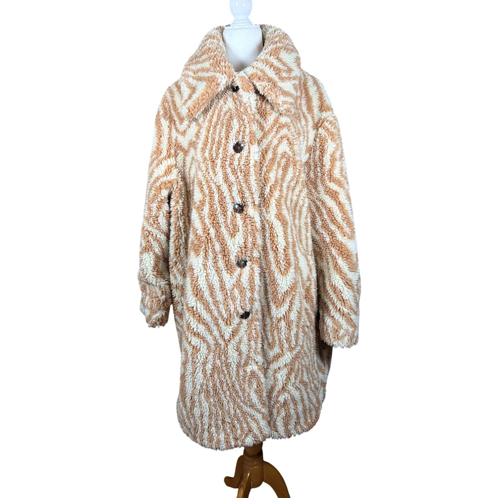 Apparis Coat Womens XL Zebra Faux Fur Tan Cream Button Front Oversized Good